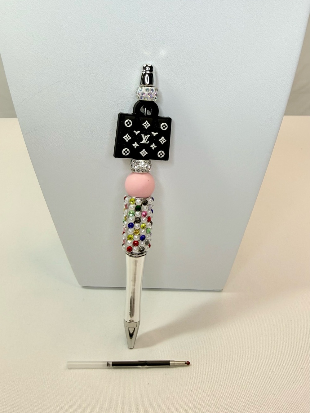 Luxury Fashion Bag Pink Black Multi Colored Beaded Pen Silver Tone Barrel